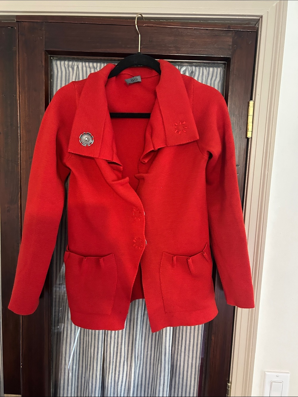 Women's Red Extrafine Merino Wool Knit Blazer with Decorative Accent